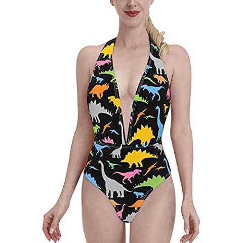 PrelerDIY Dinosaur Sexy Bikini One Piece Women Swimsuits Deep V Backless, Colorful Dinosaur, Large Cover