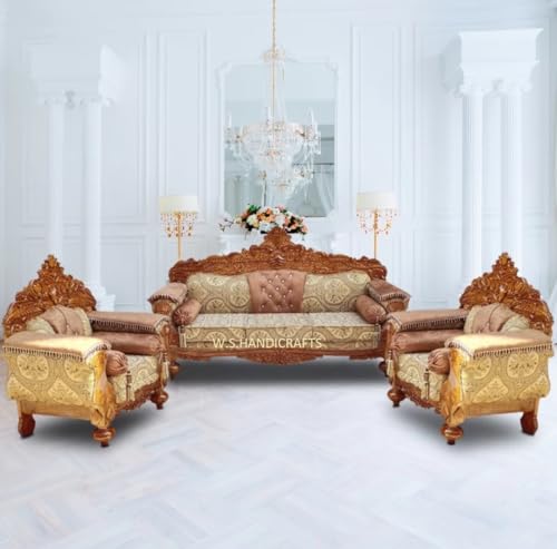 Image of Wooden 5 Seater Sofa Set with Center Table | 3+1+1 Solid Wood Hand-Carved Brown Sofa with Traditional Design Furniture for Living Room | Home | Office