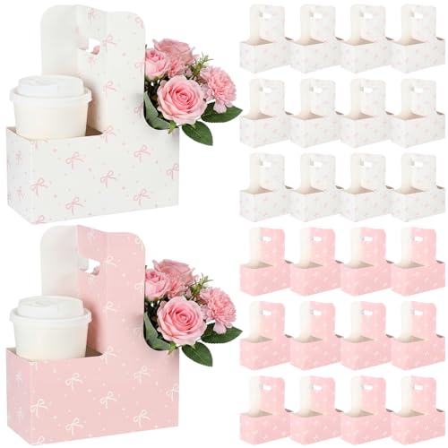 Fuyoooo 24 Pcs Pink Bow Disposable Paper Cardboard Gift Bags Coffee Cup Holder 2 Cup Coquette Drink Carrier with Handle Portable Drink Flower Cups Carriers Foldable Cups Holder Party Supplies