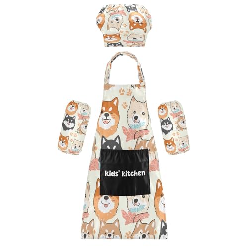 Bulletgxll Cute Dogs Kids Apron and Chef Hat Set Adjustable Bib Aprons with Pockets for Cooking Baking Painting