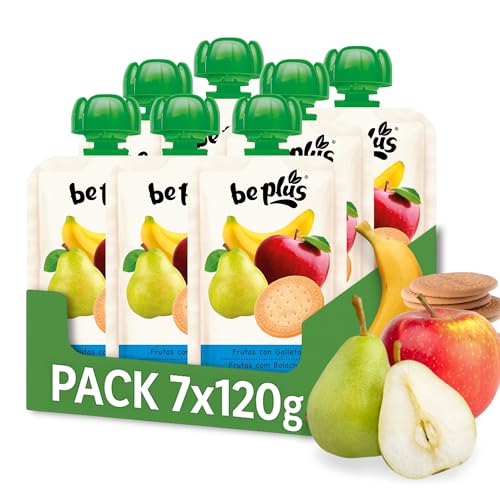 BePlus Frutas con Galleta 120g – Pouch Infantil desde 6 Meses – Puré de Manzana, Plátano y Pera con Galleta María – Fuente de Vitamina C – Sin Azúcares Añadidos – Pack 7x120g
