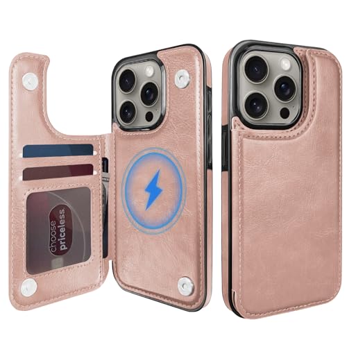 Étui portefeuille iPhone 15 Pro MagSafe fini les écrans rayés en rose gold