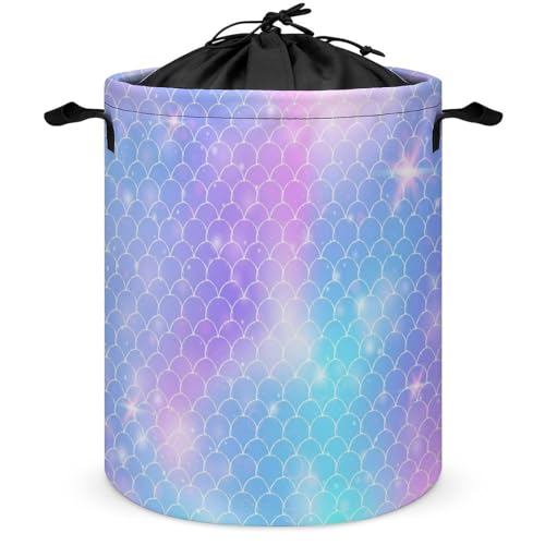 Image of LynaRei Girls Laundry Hamper Mermaid Laundry Basket Small Dirty Clothe Hamper Round Storage Basket Mermaid Bathroom Decor