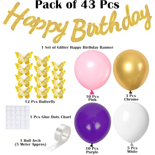 Image of Rozi Decoration Butterfly Theme Balloon Decoration Kit with Happy Birthday Banner for Girls Birthday, Pink Purple White Chrome Gold Balloons Set for Home Celebration and Party Decor Pack of 43 Pcs