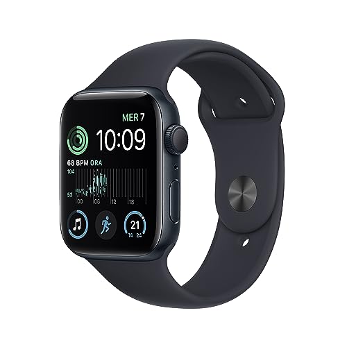 Reloj inteligente Apple Watch SE de 2ª generación en color medianoche mostrando estadísticas de salud y actividad en la pantalla.