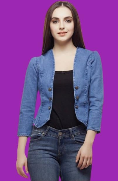 Image of Women's Denim Jacket, Blue, 3 /4 Sleeve, Button Front, Casual Blazer Style