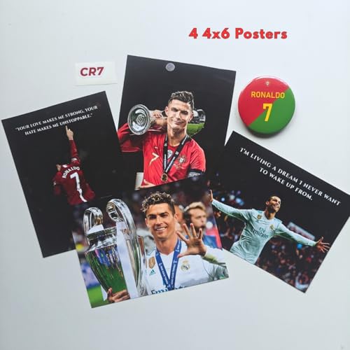 Image of TenorArts Cristiano Ronaldo Gift Box Merchandise for Fans - 5x7 Inches Laminated Photo Frame,1 Ronaldo Keychain, 1 Badge, 4 4x6 inches Sized Posters, Multi sized Players Stickers - 5 items in 1 Box | Perfect for Gifting Football Fans