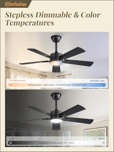 Image of Fanbulous 42 Inch Ceiling Fans with Lights and Remote, Stepless Color Temperature Change & Dimmable 20W LED Ceiling Fan, 6 Speeds Reversible Quiet DC Motor for Bedroom, Living Room, Apartment,Black