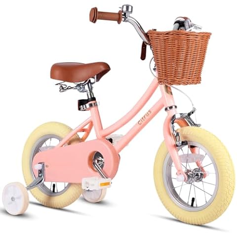 vollsch 12 Inch Kids Retro Vintage Style Bike for Age 7-15 Years Old Little Girls Toddlers Bicycles with Basket Training Wheels and Bell Peach Cover