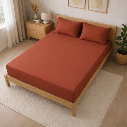 Image of THE HOME STYLE Solid Plain Cotton Feel Fitted Bedsheet (72x78 inches) with Reversible Comforter (90x100 inches) | King Size | 2 Pillow Covers | 300 TC | 4-Piece Bedding Set (Terracotta)