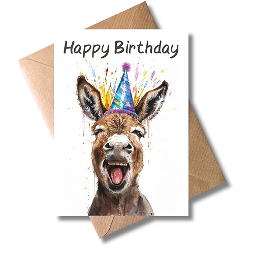 WBdesignz Esel Geburtstag Karte mit Umschlag - Lustige Geburtstagskarte “Happy Birthday” Glückwunschkarte Geschenkkarte zum Geburtstag Happy Birthday Karte (DIN A6)