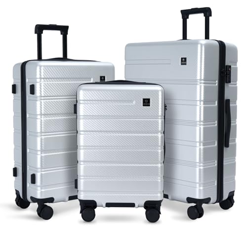 Image of Luggage Sets 3 Piece, 100% PC Hardside Luggage with Spinner Wheel TSA LOCK Lightweight Quiet Suitable for Men and Women, Family Y01 Silver 20 /24 /28(Diagonal stripes)
