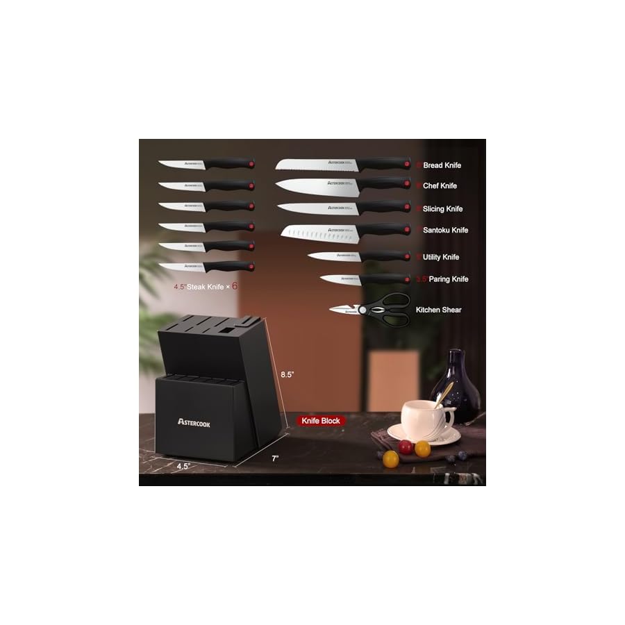 Astercook-Kitchen-Knife-Set-15-Pieces-knives-Set-with-Built-in-Sharpener-High-Carbon-German-Stainless-Steel-Chef-Knife-Block-Sets-Sharp-Rust-Resistant-Dishwasher-Safe-Black Astercook Kitchen Knife Set, 15 Pieces knives Set with Built-in Sharpener, High Carbon German Stainless Steel Chef Knife Block Sets, Sharp & Rust Resistant Dishwasher Safe Black
