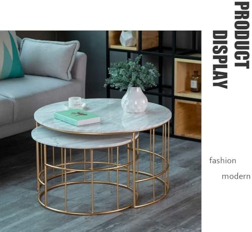 Image of Modern Round Coffee Table Set with Space-Saving Circle End and Side Tables for Living Room Office Balcony or Yard Stylish & Durable Furniture with Sturdy Metal Frame (Gold & White)