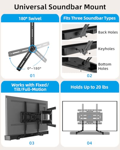 Image of HOME VISION Full Motion TV Mount Soundbar Bundle for 26-70 inch TVs, 132 lbs | ±60 Swivel & Tilt, 6 Articulating Arms, Soundbar Moves with TV, Fits 8 inch /12 inch /16 inch Studs, Max VESA 400x400