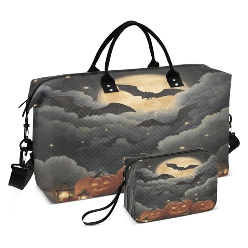 Bat Pumpkin Halloween Lanterns Travel Duffel Bag for Men Women with Makeup Bag Weekend Overnight Carry On Bags for Travel Yoga Gym