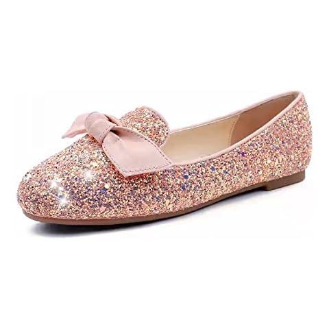 Best Home & Baby Girls Loafer Flat Shoes Glitter with Bow or 3D Petal Pink Black (Glitter Pink), 1 UK Cover