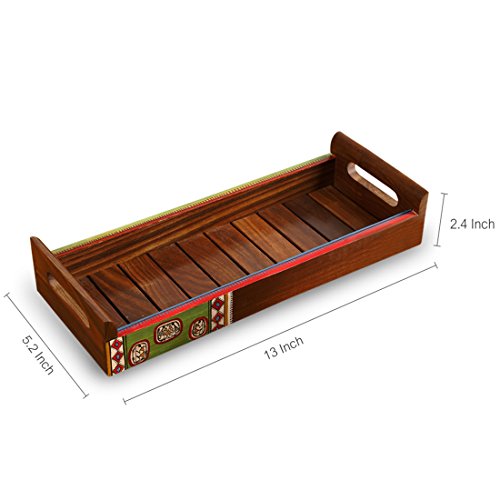 Image of ExclusiveLane 'Warli' Wooden Serving Tray for Snacks (Rectangular Shaped, Handpainted, Brown) | Wooden Tray Set for Serving Tray Set Wooden Tea Trays for Serving Rectangular Breakfast Trays