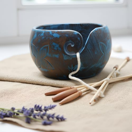 Image of Large Blue Yarn Bowl, 7 x 4 Inch Wooden Knitting Holder | Mango Wood, Holds 2 Yarn Skeins, Handcrafted, Tangle-Free, Smooth Finish, Floral Carved, Giftable