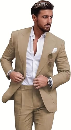 Linen Men Beach Wedding Groom Prom Suits 2 Piece Prom Blazer Pants Suit Set Slim Fit