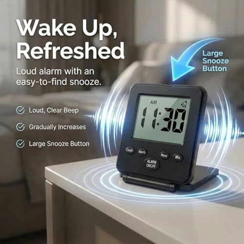 Image of Digital Travel Alarm Clock - No Bells, No Whistles, Simple Basic Operation, Loud Alarm, Snooze, Small and Light, ON /Off Switch, 2 AAA Battery Powered, Black