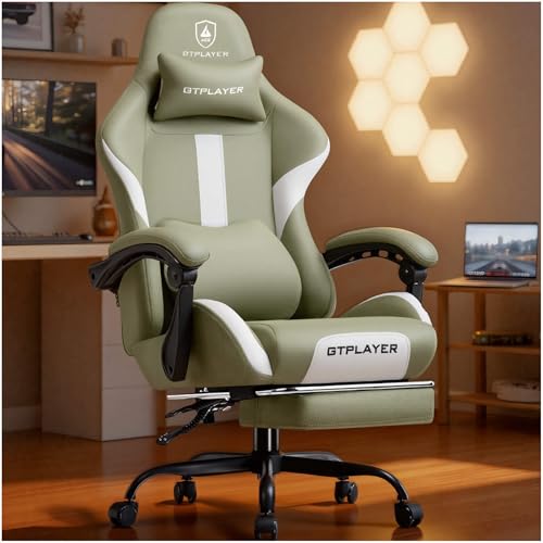 Image of GTPLAYER Gaming Chair with Foot Rest & Pocket Spring Cushion, Ergonomic High Back Computer Desk Chair with Headrest & Lumbar Support for Back Pain Relief, Breathable Fabric, Green
