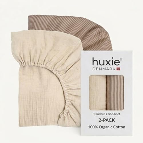 Image of Huxie Crib Sheets – Organic Cotton Muslin Fitted Crib Sheet – Standard Size for Baby Boy and Baby Girl 28" x 52" Ultra-Soft and Breathable. 2-Pack(Fog/Stripe)