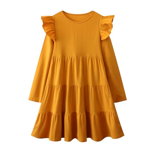 Image of Girl Long Sleeve Dress Ruffle Rainbow Color Block Cotton Casual Tiered Pleated Twirly Dress