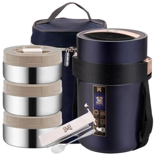 12時間の 保温ランチジャー フードジャー ポータブルお弁当箱食器と収納バッグ付き Rcuihak ランチボックス フードコンテナ 大容量 ステンレス 保温弁当箱 2段 /3段/4段 (ブルー,2.2L)