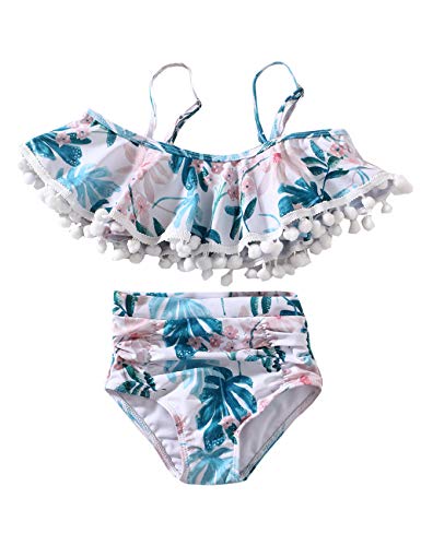 XUNYU Girls Swimsuit Falbala High Waisted Bathing Suit Halter Neck Bikini Swimwear Tankini Green Flower 6-7 Years