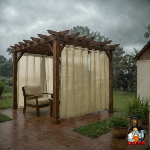 Image of HIPPO HDPE Coated Waterproof Outdoor Balcony Curtain 260 GSM - Rain, Sun & Dust Protection Light Filtering Curtains for Home, Garden, Veranda & Hotel (4 Feet X 4.5 Feet, 2IN1 Ivory-Glow, 1 PC)