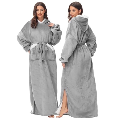 FEELJAM Coperta con maniche e cappuccio, per adulti Coperta morbida e calda con maniche, grigio chiaro
