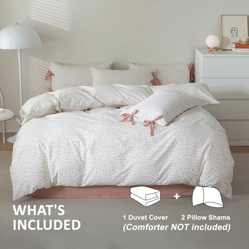 VM VOUGEMARKET Pink Flower Stripes Duvet Cover Set Twin 100% Cotton Blossom Duvet Cover with Zipper Closure,Cottagecore Bedding Set for Girls Women-68 x86,Off-White