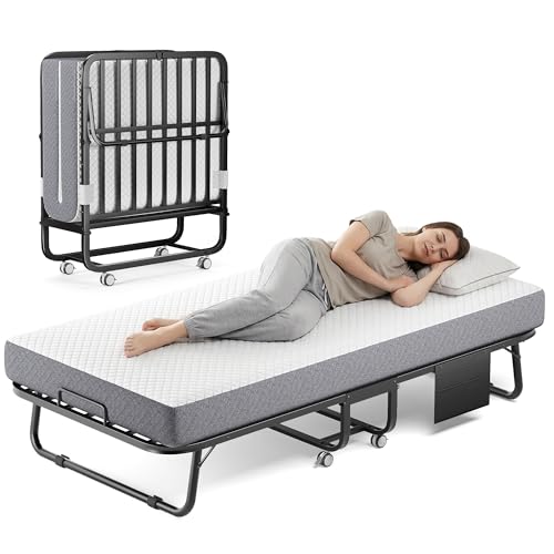 Folding Bed with Memory Foam Mattress, 75' x 31' Cot Size Portable Foldable Bed with Movable Wheels,...