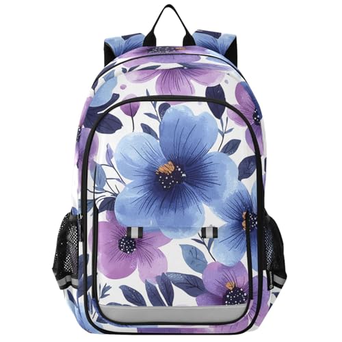 senya Blue-purple Floral Backpack Water-Resistant Bag Lightweight Bookbags with Reflective Strip