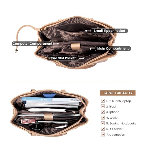 Image of LOVEVOOK Laptop Bag for Women 15.6 Inch Tote Bags Waterproof Leather Briefcase Computer Women Business Office Work Bag,Light Khaki