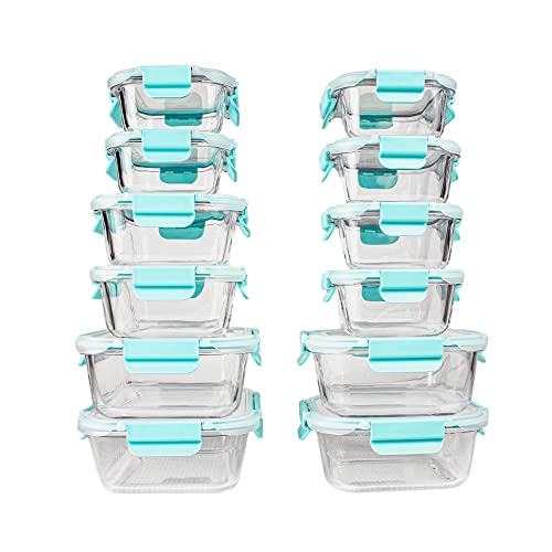LYTIO Glass Food Containers Storage Organizers for Kitchen Pantry | BPA Free | Leak Proof | Odor Proof | Stain Resistant | 12 Sets | Freezer and Oven Safe (Blue)