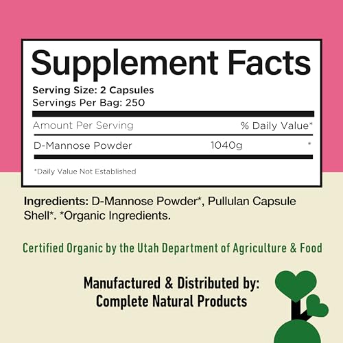 Image of D Mannose 520mg Capsules - Organic D Mannose Supplement for UT Support, Urinary Tract Bladder Health Pills, Plant Based Formula, Vegan Non GMO, No Fillers, 500 Capsule Count Made USA Certified Kosher