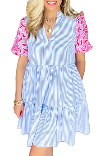 Timeless Tiered Ruffle Floral Patterned Dress for Spring Summer,Sky Blue