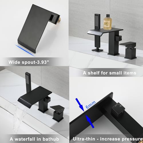 Grifo para bañera romano tipo cascada con ducha de mano, acabado negro mate, montaje sobre superficie, cuerpo de latón macizo, caño largo y alto miniatura 4
