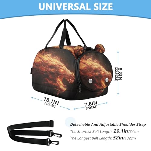 YETTASBIN Sport Travel Duffel Bag for Girls Boys, Fire Dragon Large Waterproof Weekender Overnight Bag, Detachable Shoulder Strap Gym Bag with Shoe Compartment & Wet Pocket3