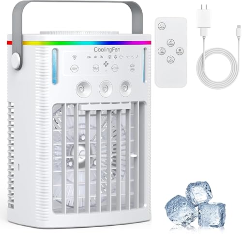 Portable Air Conditioners, 1000ml Portable AC Unit with Remote Control, Powerful 3 Speeds 7 Colors LED Evaporative Air Cooler with Timer, Personal Mini Air Conditioner (White)