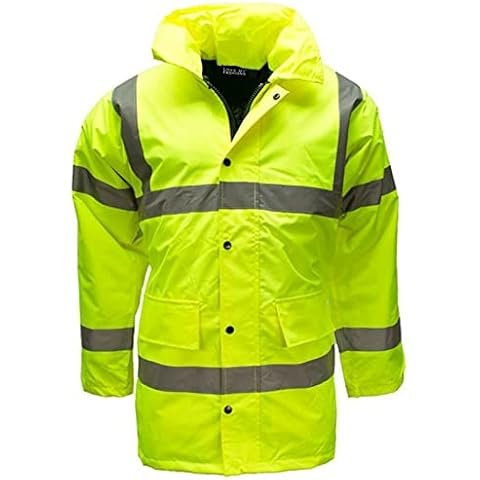 LIZZIE JACOBS New Hi Vis Parka Jackets High Visibility Safety Security Work Wear Waterproof Storm Padded Jackets Hi Viz Fluorescent Reflective Protective Hooded Long Coats (Large, Yellow) Cover