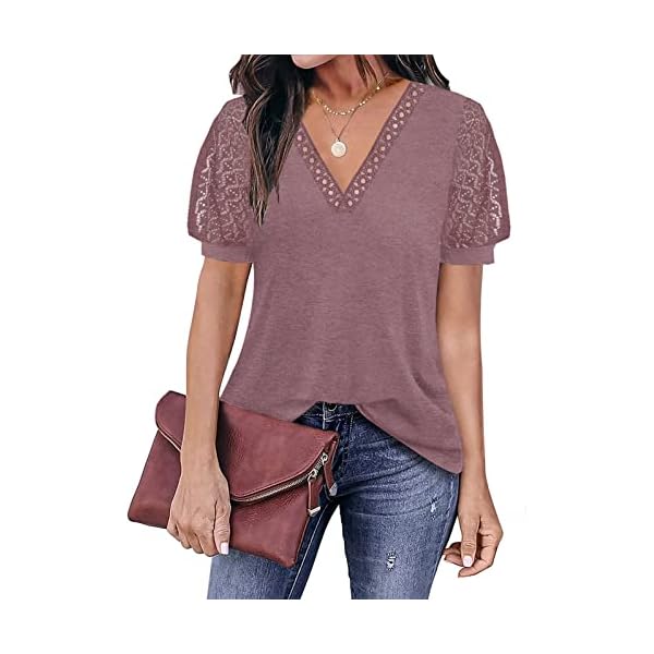 Womens Tops 2023 Trendy Summer Shirts Hollow Lace Puff Short Sleeve V Neck Blouses