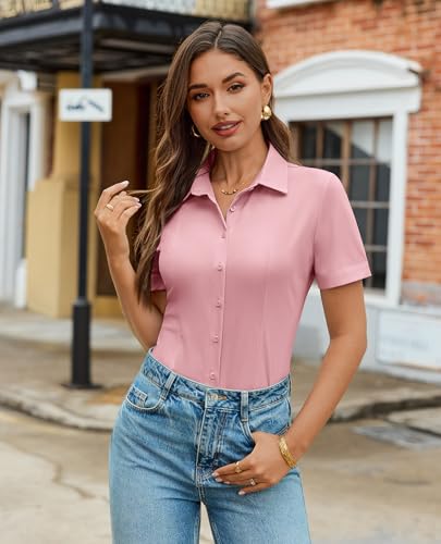 Image of Gleeivy Women's Slim Fit Button Down Shirt Stretch Short Sleeve Wrinkle-Free Work Blouse for Business Casual Office