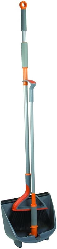 Casabella Quick 'n Easy Juego de escoba y recogedor vertical, multisuperficie para pisos de baldosas, madera y laminados, gris