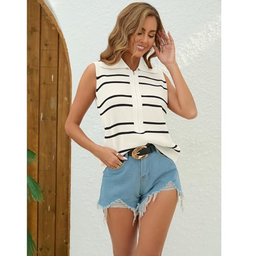 Vest Tops for Women Striped Sweater Zip Up V Neck Cap Sleeve Tops Crochet Cropped Casual Pullover Tank Top3