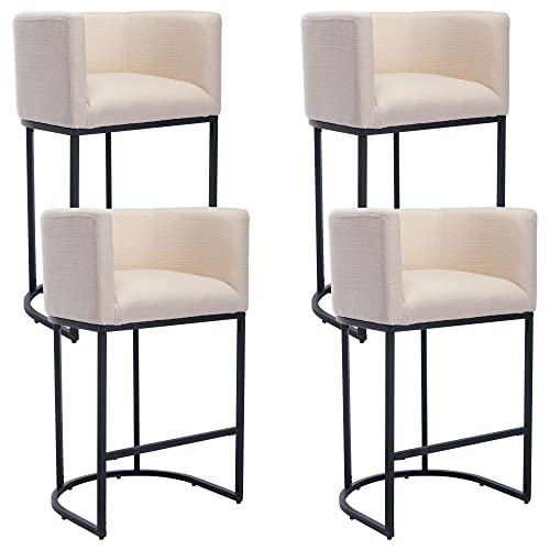 Rivova Contemporary Cream Linen Bar Stools Set Of 4, 29" Upholstered Fabric Counter Height Barstools Kitchen Counter Island Stools With Screwed Together Black Metal Base #TOP27