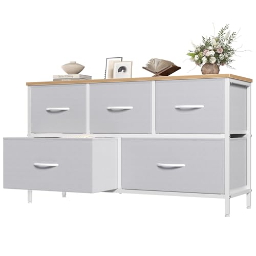 Image of OLIXIS 5 Drawer Dresser for Bedroom, Storage Organizer Unit for Closet | Chest of Drawers for Clothes Storage with Bins, Wide Fabric Bedroom Dresser, Wooden Top, Living Room, Light Grey