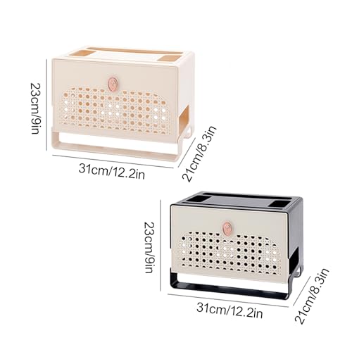 Cache-routeur WiFi en rotin noir meuble multimédia avec cloisons de rangement - 3